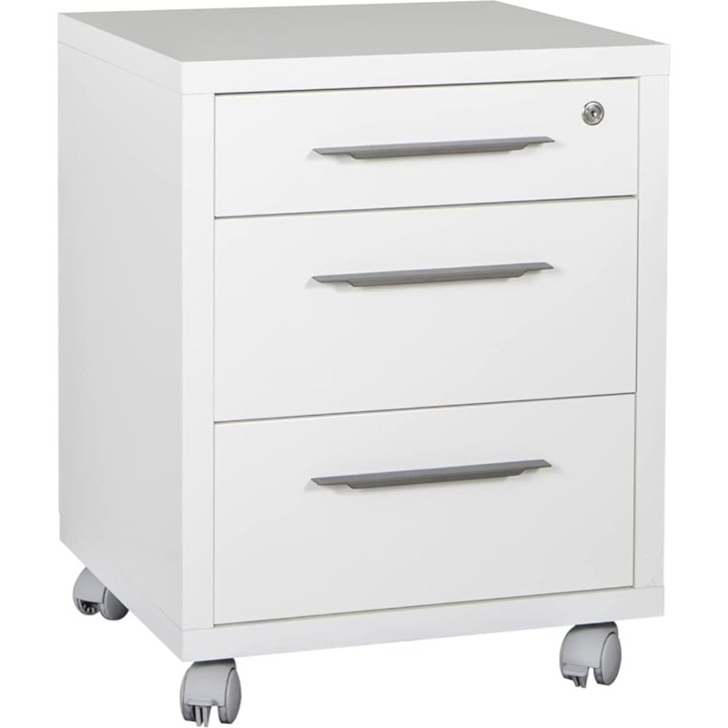 Composad Chest of Drawers Line Drawing with 3 Drawers and Wheels, Office Chest of Drawers Under the Desk (W x H x D) 48.60 x 63.10 x 45.20 cm, Colour White Lacquered, Made in Italy