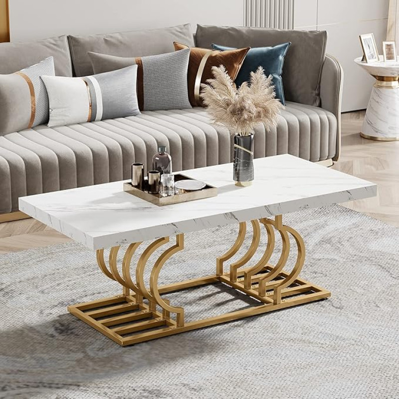 Tribesigns Modern Coffee Table, Living Room Table, Faux Marble Cocktail Table with Geometric Frame, Rectangular Middle Table, Tea Table, Accent Furniture, Table, Sofa, Side Table for Home Office,