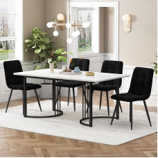KUAKE Dining Table Set with 140 x 80 cm, Linen Dining Set, Kitchen Dining Table for Home and Family, Black Metal Table Legs (Black-B)
