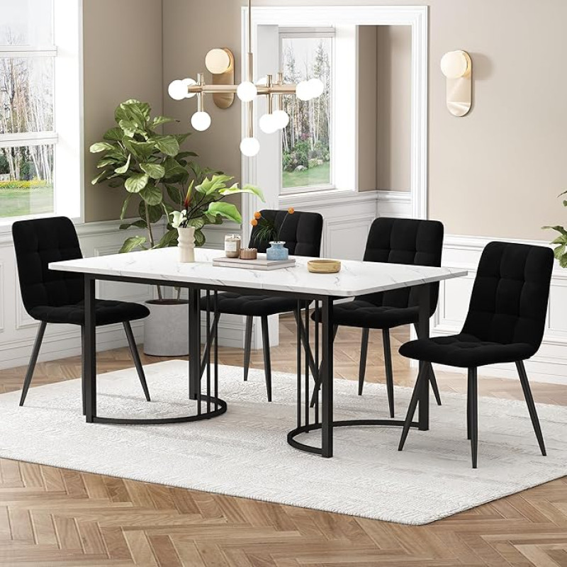 KUAKE Dining Table Set with 140 x 80 cm, Linen Dining Set, Kitchen Dining Table for Home and Family, Black Metal Table Legs (Black-B)