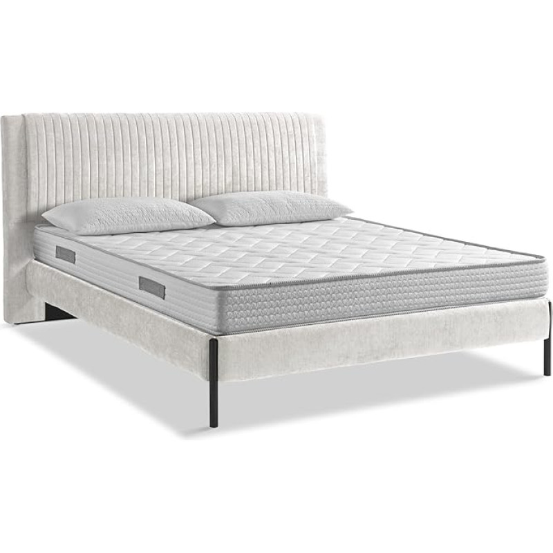 EVERGREENWEB Double Bed with Waterfoam Flex Mattress + 2 Free Pillows, Wooden Slatted Frame 160 x 195 cm, Elegant Upholstered Headboard with White Velvet Stripes, Reinforced Miami Frame