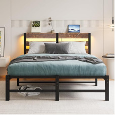 VERFARM Bed 120 x 200 cm with LED, Metal Bed with USB Charging Station and Wooden Headboard with Storage Space, Guest Bed, Youth Bed, Double Bed Frame with Storage Space Under Bed, Vintage Brown