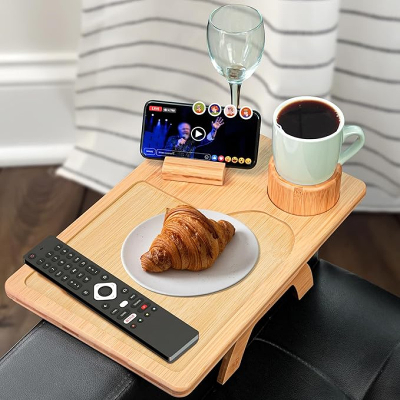 Coffee Table Cup Holder Gift - Armrest with Clip Tray with 360 Rotating Phone Stand Birthday Gift