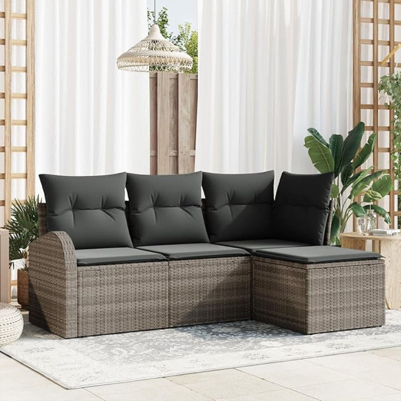 Rantry 4-teiliges Garten Sofa Set mit Kissen Grau Poly Rattan, 2-Sitzer Garten Sofa mit Stauraum & Kissen Grau Poly Rattan Gartenlounge Model3354658