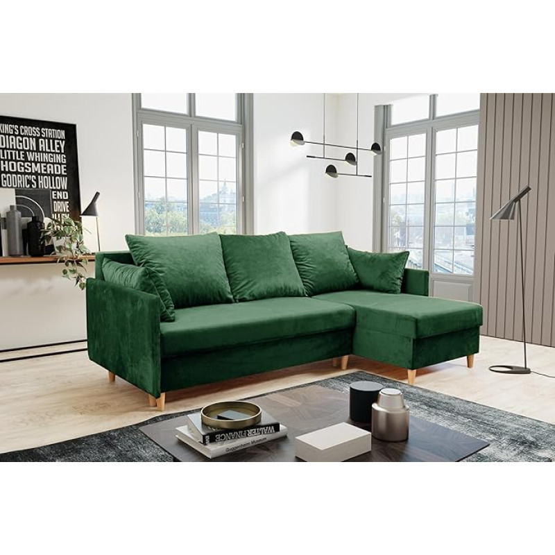 KIER FURNITURE - Corner Sofa 210 x 140 cm - L Shape Sofa - Sofa with Sleep Function and Bed Box - Lying Surface 140 x 200 cm - Ottoman Left or Right - Sofa Bed, Guest Bed - Velvet Green - 210 x 140 x