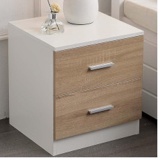 BAKAJI Bedside Table for Bedroom Chest of Drawers with 2 Drawers Metal Handle Modern Design MDF Wood Furniture Home Decor 44 x 40 x 38 cm White and Oak (2 Drawers)