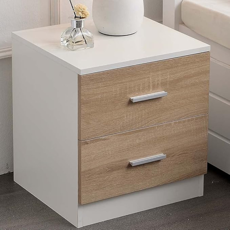 BAKAJI Bedside Table for Bedroom Chest of Drawers with 2 Drawers Metal Handle Modern Design MDF Wood Furniture Home Decor 44 x 40 x 38 cm White and Oak (2 Drawers)