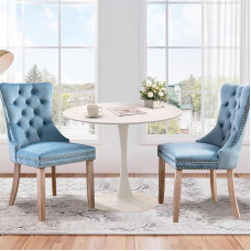 SoarTalent 3-teiliges rundes Esstisch-Set für 2 Personen, 80 cm, weißer Esstisch und 2 samtgepolsterte Esszimmerstühle für Küche, Esszimmer, Wohnung, kleiner Raum (weißer Tisch und himmelblaue Stühle)