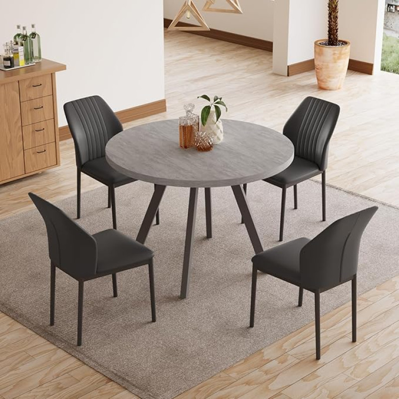 Zerifevni Round Dining Table Set for 4 People Modern Casual Coffee Table Set for Kitchen Living Room Apartment Space Saving Dining Table + 4 Black Chairs)