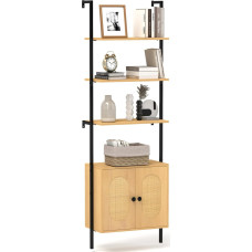 GIANTEX Bookcase Bookcase Against Wall, Ladder Shelf with 4 Shelves & Cabinet with Rattan Doors, Wall Reclining Shelf, Standing Shelf Made of Metal and Wood, Wall Shelf, Stair Shelf (60 x 30 x 184 cm)