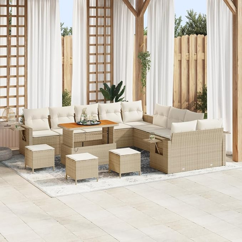 Rantry 14-teiliges Garten Sofa Set mit Kissen Beige Poly Rattan Akazie, 4-teiliges Garten Esstisch-Set mit Kissen Beige Poly Rattan Akazie Gartenlounge Model3363761