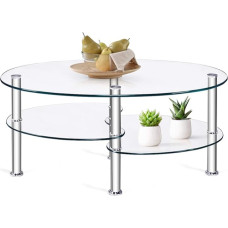 DREAMADE Glass Oval Coffee Table, Sofa Table with Metal Frame and Thick Tempered Glass, Glass Table with Three Layers of Storage Space, Side Table in Modern Style, Ideal for Living Room and Office