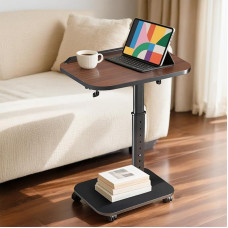 C-shaped Side Table, Sofa TV Tray Tables Height Adjustable & 180° Flip Over Panel Design, Side Table with Phone/Tablet Slot & 4 Swivel Castors, Coffee Tables for Small Spaces/Living Room