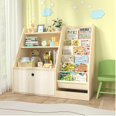 TOETOL Kids Bookcase with 3 Tiers, 6 Loops, Toddler Bookcase, Storage Boxes, Bookcase and Toy Organizer for Kids Room, Playroom, Classroom, Library
