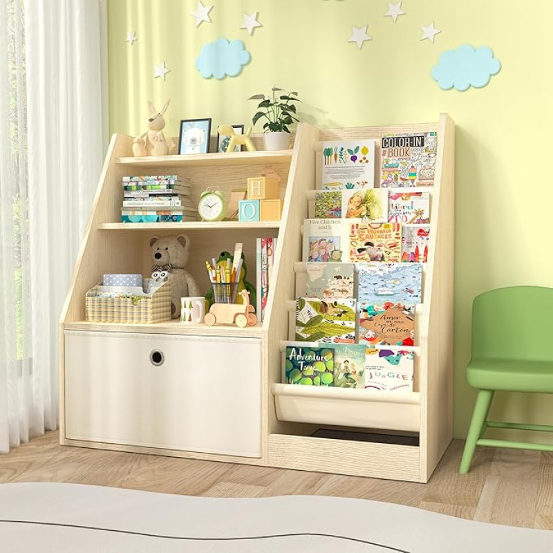 TOETOL Kids Bookcase with 3 Tiers, 6 Loops, Toddler Bookcase, Storage Boxes, Bookcase and Toy Organizer for Kids Room, Playroom, Classroom, Library