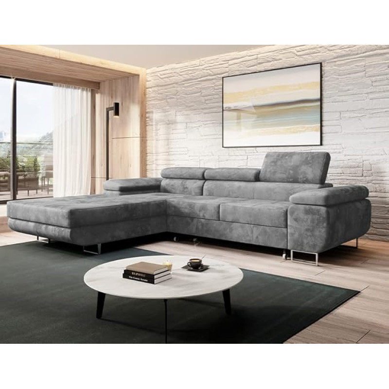 MODERNO Norberg Corner Sofa with Sleep Function and Bed Box, Sofa with 3 Seats and Robust Cover, L-Shape Sofa Bed, Modern Couch, 72 x 279 x 205 cm, Corner Left, Grey