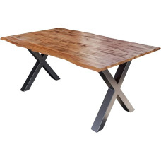 SAM Dora Dining Table 140 x 80 cm, Solid Mango Wood, Varnished and Natural-Coloured, Wane Table with X-Metal Frame in Silver, Real Wane, 26 mm