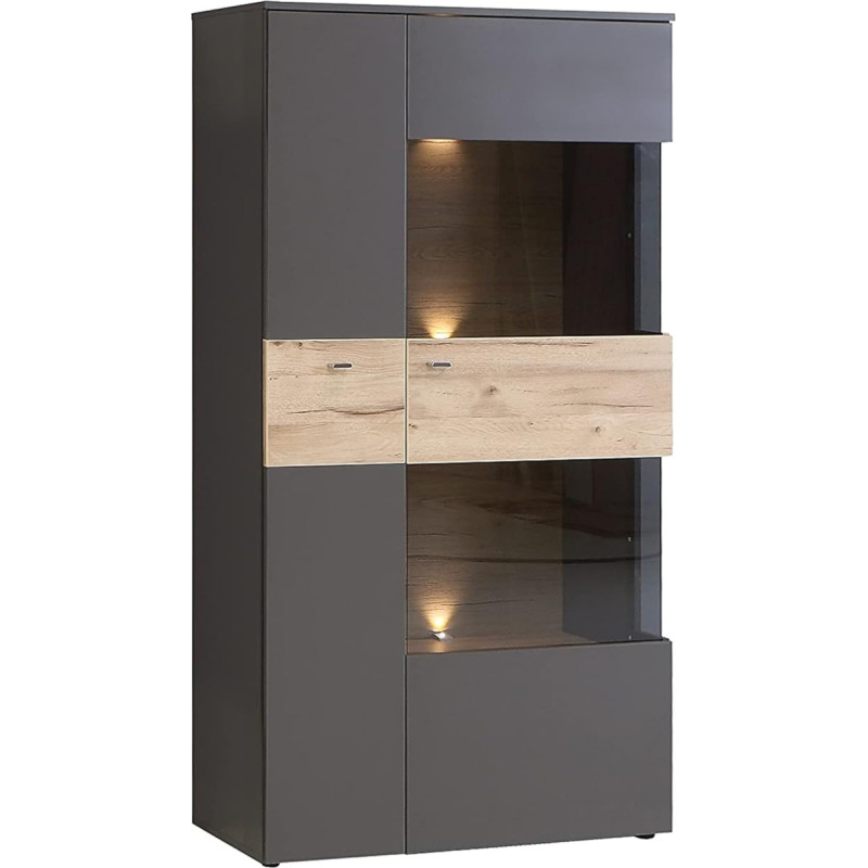 FORTE Como Highboard Display Cabinet with 1 Door and 1 Glass Door, Composite Wood, Plain Tungsten Grey Combined with Planked Oak, 90.1 x 168.1 x 41.3 cm