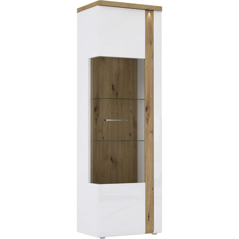 FORTE Tuluza Display Cabinet with 1 Glass Door, Composite Wood, White Combined with Artisan Oak and White Gloss, 66.5 x 196 x 43.2 cm