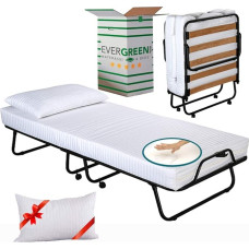 Evergreenweb Folding Bed 80 x 190 cm with Memory Foam Mattress, Height 12 cm + Visco Cushion, Wooden Slatted Frame, Sturdy Metal Frame with Wheels and Comfortable Mattress, Space-Saving Folding Bed