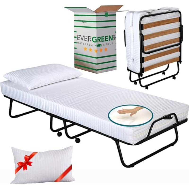 Evergreenweb Folding Bed 80 x 190 cm with Memory Foam Mattress, Height 12 cm + Visco Cushion, Wooden Slatted Frame, Sturdy Metal Frame with Wheels and Comfortable Mattress, Space-Saving Folding Bed