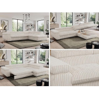 MKS MEBLE Cord Sofa L, Living Landscape L-Shape with Sleep Function and Bed Box, Sofa Bed with Bed Box, Corner Sofa, Sofa with Adjustable Headrests, Pedro L - Beige Cord - Right