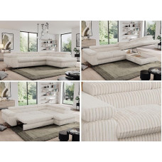MKS MEBLE Cord Sofa L, Living Landscape L-Shape with Sleep Function and Bed Box, Sofa Bed with Bed Box, Corner Sofa, Sofa with Adjustable Headrests, Pedro L - Beige Cord - Right