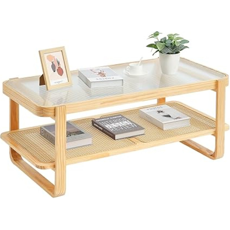 VEVOR Rattan Coffee Table Rectangular Coffee Table Woven Rattan Wood with Tempered Glass Top 115cm Modern Boho Coffee Table with Storage Space & Natural Wood Legs Living Room