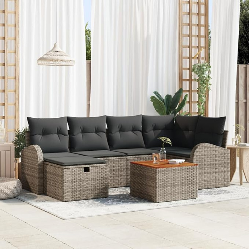 Rantry 7-teiliges Garten-Sofa-Set mit Kissen Grau Poly-Rattan, 2-Sitzer-Garten-Sofa mit Stauraum & Kissen Grau Poly-Rattan Gartenlounge Model3360842