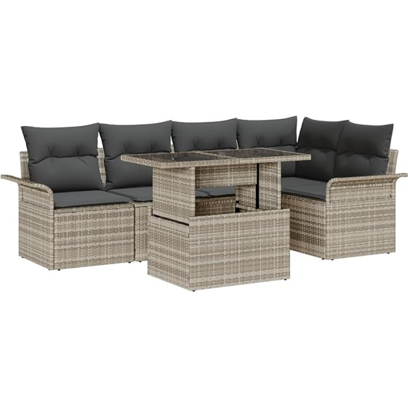 Rantry 6-teiliges Garten Sofa Set mit Kissen aus hellgrauem Poly Rattan, 2-Sitzer Garten Sofa mit Stauraum & Kissen aus hellgrauem Poly Rattan Gartenlounge Model3357025