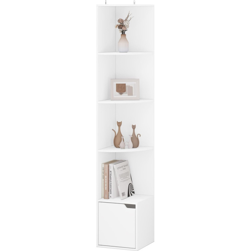 WOLTU SK038ws Corner Shelf, Bookcase, Standing Shelf, Storage Shelving with Door, with 5 Levels, Made of Wood for Study, Bedroom, Living Room, Office, 29.5 x 158 x 29.5 cm, White