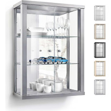 K-Möbel Wall Display Cabinet (80 x 60 x 25 cm) - Made in Germany - Hanging Glass Display Case with 2 Height-Adjustable Glass Shelves Made of ESG and Mirror in Silver/Aluminium - Cabinet with Glass