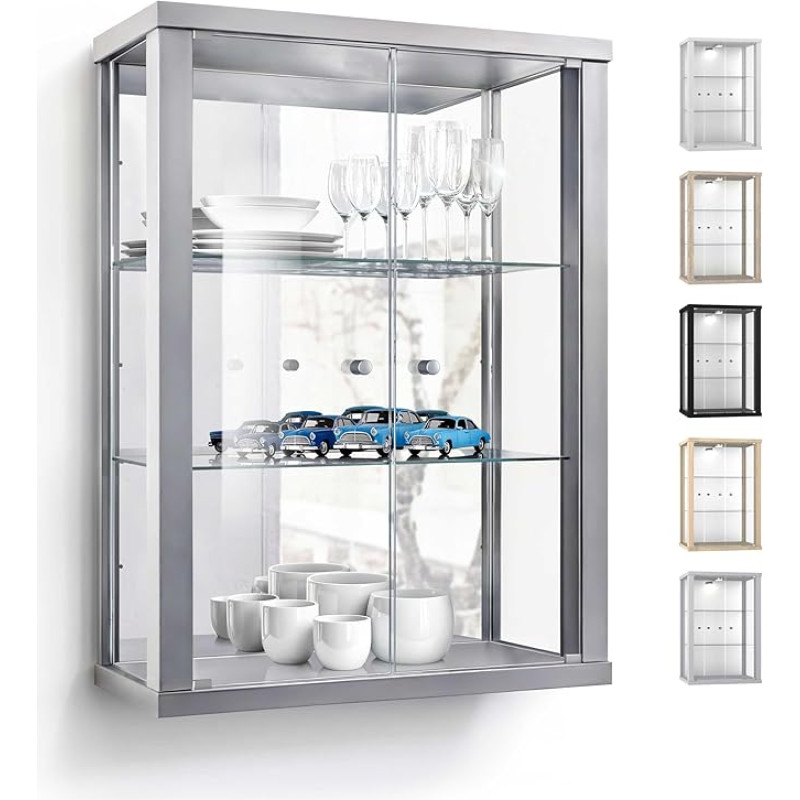 K-Möbel Wall Display Cabinet (80 x 60 x 25 cm) - Made in Germany - Hanging Glass Display Case with 2 Height-Adjustable Glass Shelves Made of ESG and Mirror in Silver/Aluminium - Cabinet with Glass
