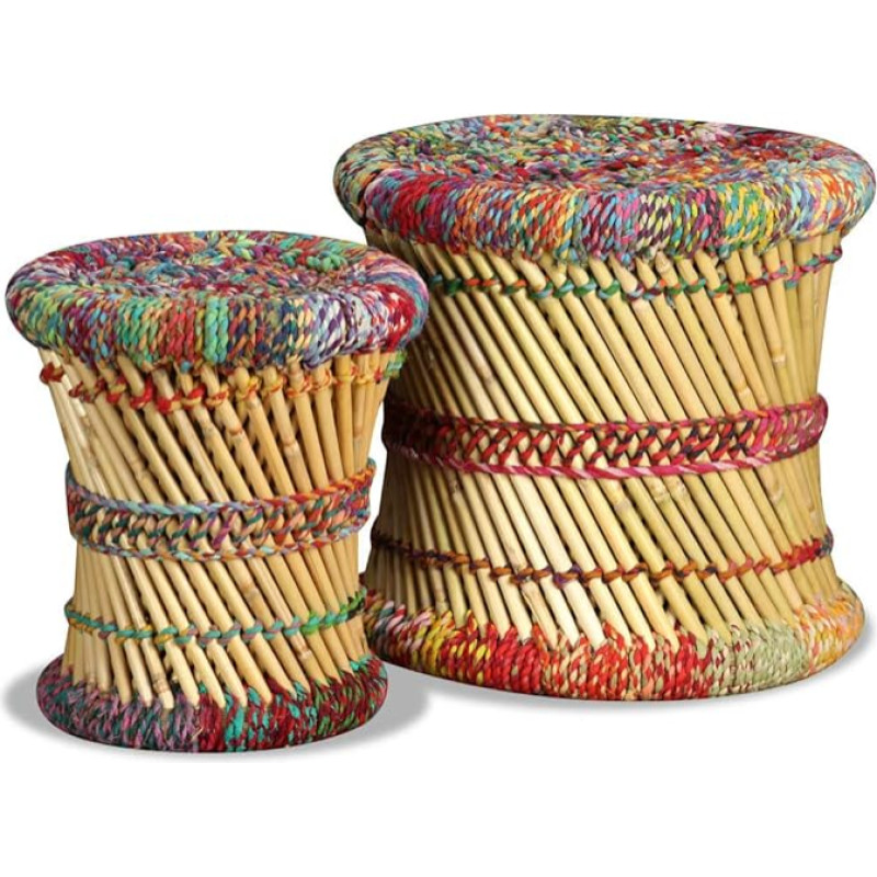vidaXL Stool Set 2 Pieces Bamboo with Chindi Details Multicolour