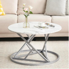ZZINOKE Round Coffee Table, Marble Coffee Table with Grey Metal Frame, 80 cm Spacious Desktop, Living Room Table, Modern, Side Table, Round, White