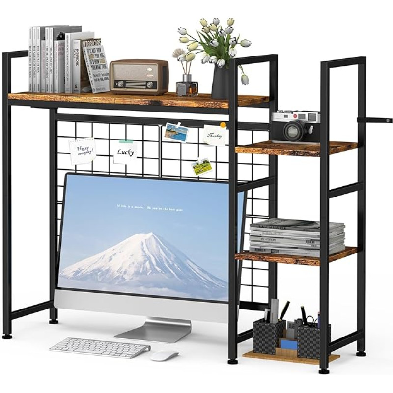 YBING Desk Shelf, Bookcase, Table Shelf with 4 Shelves and Open Compartment, Desk Shelf Attachment for Computer, Multifunctional Wooden Shelf for Home, Office