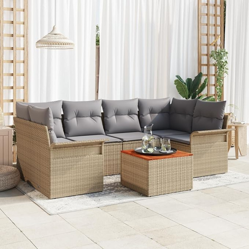 Rantry 7-teiliges Garten Sofa Set mit Kissen Beige Poly Rattan Akazie Gartenlounge Model3347280