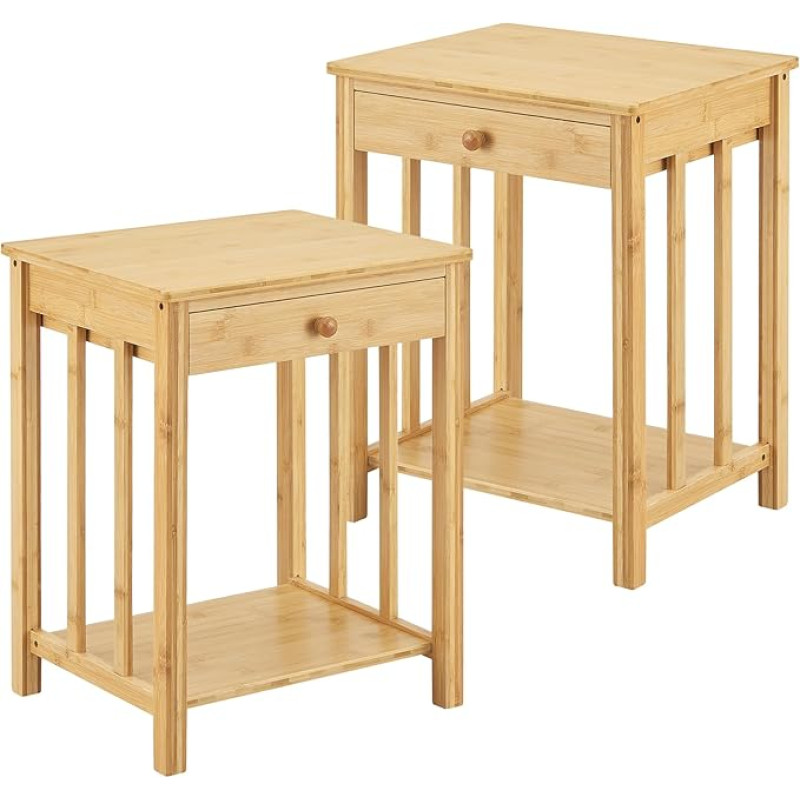 [en.casa] Ranua Side Table Set of 2 Living Room Table 51 x 40 x 35 cm Bedside Table Sofa Table with Drawer Side Table Coffee Table with Shelf Bamboo Natural Colours