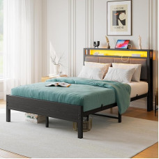 FOUBAM Double Bed Frame with LED Lights and Charging Station, Heavy Duty Metal Bed with Fabric Headboard, Solid and Sturdy, Metal Slat Support, Mattress Base (Black)