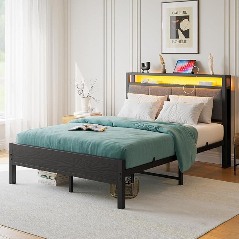 FOUBAM Double Bed Frame with LED Lights and Charging Station, Heavy Duty Metal Bed with Fabric Headboard, Solid and Sturdy, Metal Slat Support, Mattress Base (Black)