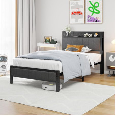 MOFLUT Einzelbettrahmen mit Kopfteilablage aus Holz, 91 cm, gepolstertes Bettgestell, Einzelbett mit Metalllatten, verbesserte Unterstützung, Grau