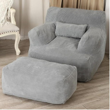 LOVMOC Bean Bag Sofa Chair with Ottoman, Comfortable Floor Couch, Oversized Reading Chair for Bedroom, Dorm, Living Room, Light Grey