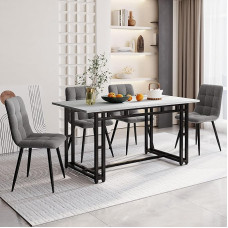140 x 80 cm Dining Table with 4 Chairs Set, Modern Kitchen Dining Table Set, Black Iron Leg Table (Light Grey Dining Room Chair)