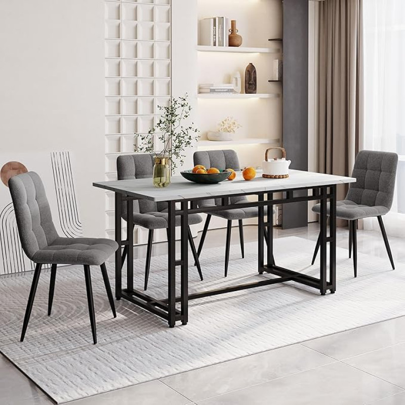 140 x 80 cm Dining Table with 4 Chairs Set, Modern Kitchen Dining Table Set, Black Iron Leg Table (Light Grey Dining Room Chair)