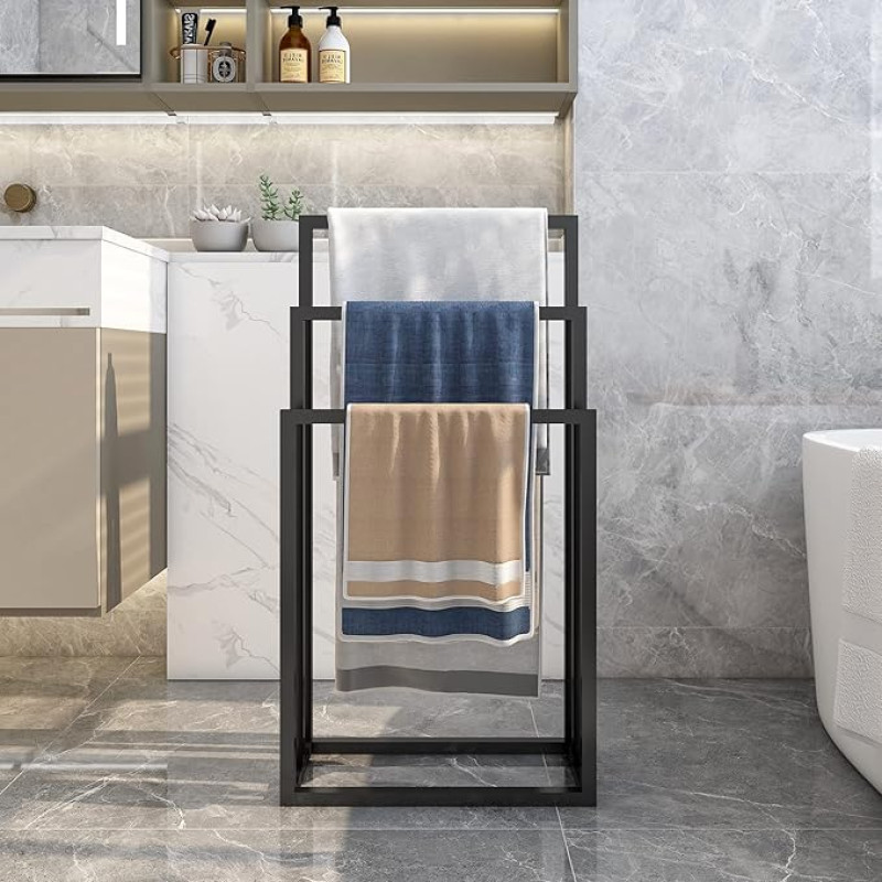 Seisev rätikuhoidja, Valet käterätikute rätikuhoidja, vabalt seisev, rätikulaud 3 rätikurööbastega, kodu sisustus, magamistoa aksessuaarid, must