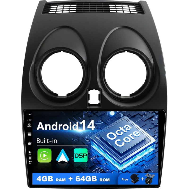SXAUTO Android 12 IPS autoraadio Nissan Qashqai J10 (2006-2015) - Sisseehitatud Carplay/Android Car/DSP - LED kaamera + MIC - 4G + 64G - DAB 360-CAM roolijuhtimispult Fast Boot WiFi AHD - 2 DIN 9
