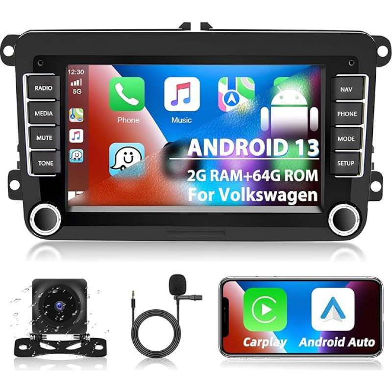 Podofo 2+64G Car Radio for VW Golf 5 6 Polo Seat Skoda with Wireless Carplay Android Car, 7 Inch Android 13 Car Radio with Screen, Bluetooth, WiFi, GPS, RDS + Reversing Camera & Microphone