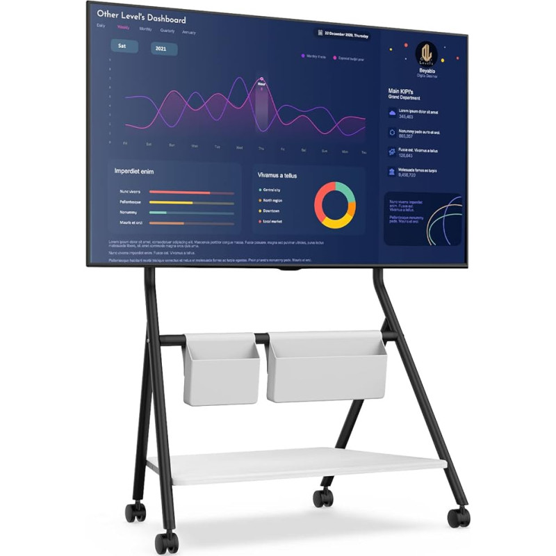 FITUEYES Designer Mobile TV Stand Rollable TV Stand for 55 60 65 70 75 78 Inch TV up to 45 kg, Height Adjustable TV Stand with Metal Structure and Wooden Shelf, for Business, Office, School, Collector