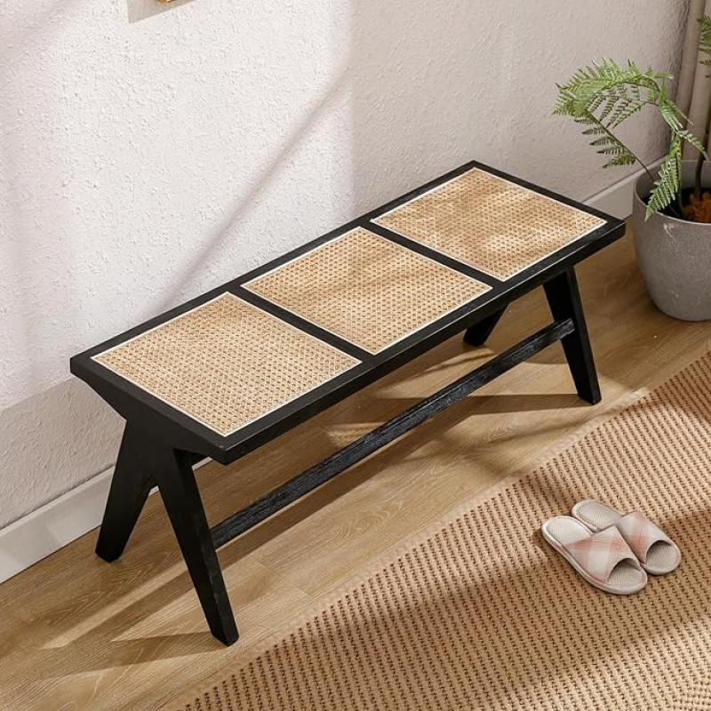 chairus Ottoman Dining Bench Made of Braided Rattan with Solid Wood Legs, Kitchen Bench in Country House Style, Bedroom, Entrance Bench (Black)