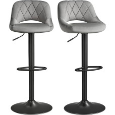 SONGMICS LJB072G01 Bar Stools, Set of 2, Kitchen Stools with Sturdy Metal Frame, Stools with Velvet Covers, Footrests, Height-Adjustable Seats, Easy Assembly, Retro, Dark Grey